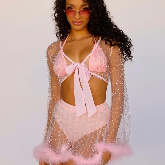 iHeartRaves Pink Pearled Mesh Top - Picture 1 of 2